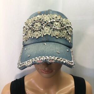 NWT Capelli New York denim rhinestone lace ball cap